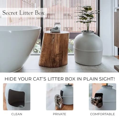 Bundle & Bliss Secret Litter Box - Hidden Cat Enclosure, Odor Control, Faux Plant, Carbon Filter, Real Stones, Soft Grey | Large thumbnail 3
