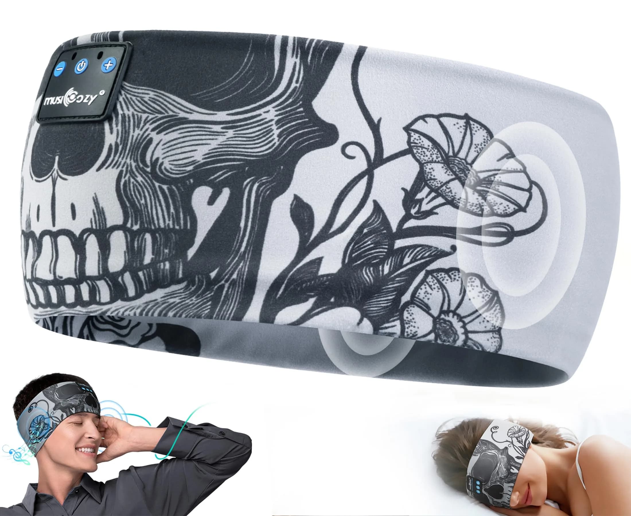 MUSICOZY Sleep Headphones Bluetooth Headband 32mm Dynamic Driver | Soft & Breathable for Side Sleepers — Skull