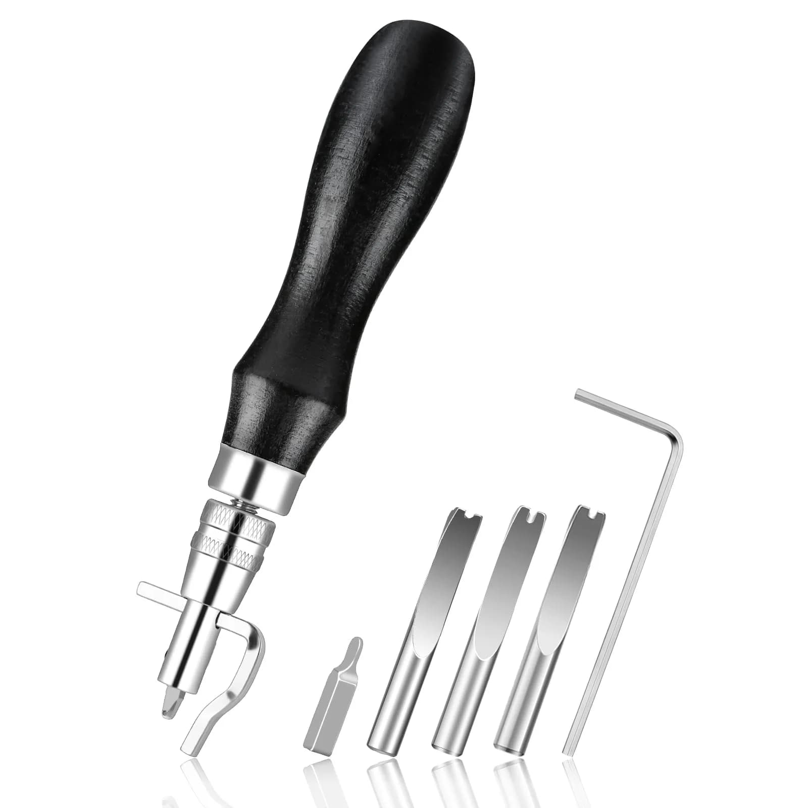 Jmuiiu 7-in-1 Leather Groover Tool Kit with Wooden Handle | Adjustable Stitching Groover for Leathercraft — Black