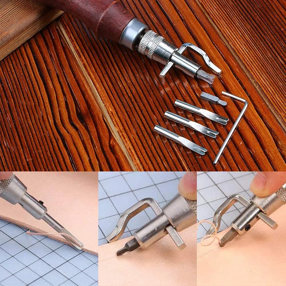 Jmuiiu 7-in-1 Leather Groover Tool Kit with Wooden Handle | Adjustable Stitching Groover for Leathercraft - view 5