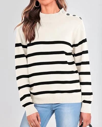 KIRUNDO Striped Turtleneck Sweater XL | Cozy Fall Knit with Metal Button thumbnail 4