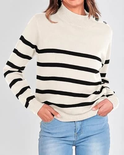 KIRUNDO Striped Turtleneck Sweater XL | Cozy Fall Knit with Metal Button thumbnail 6