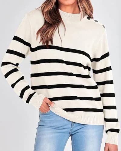 KIRUNDO Striped Turtleneck Sweater XL | Cozy Fall Knit with Metal Button thumbnail 2