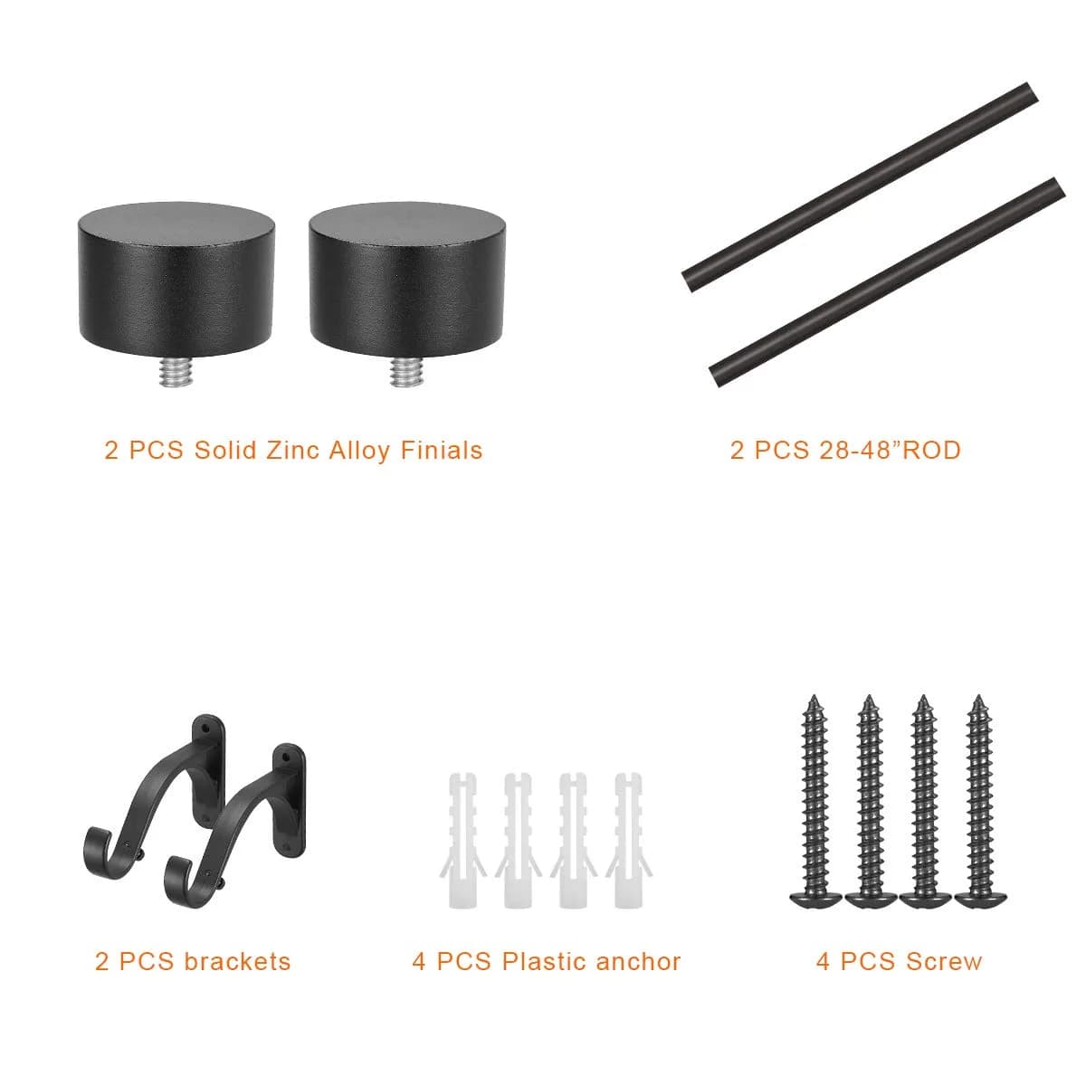 Mayrhyme 1-Inch Diameter Curtain Rod Set Matte Black 28-48" | Heavy-Duty Aluminum Brackets & Finials for Windows - view 3