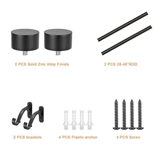 Mayrhyme 1-Inch Diameter Curtain Rod Set Matte Black 28-48" | Heavy-Duty Aluminum Brackets & Finials for Windows thumbnail 3