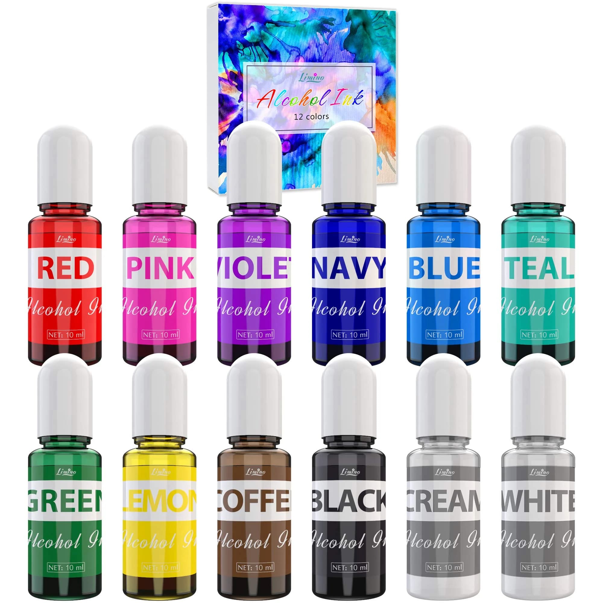 Limino Alcohol Ink Set 12 Colors 10ml Each | Vibrant Alcohol-Based Ink for Resin Art & Painting