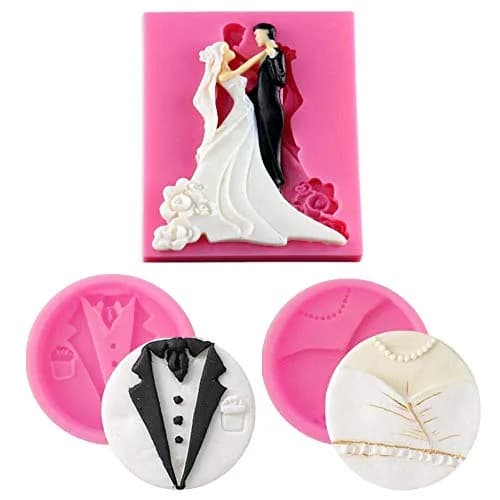 MoldFun Bride and Groom Fondant Mold Set - Tuxedo Wedding Cake Topper Food-Grade Silicone (Pink/Gray) | Non-Stick & Easy Release thumbnail 1
