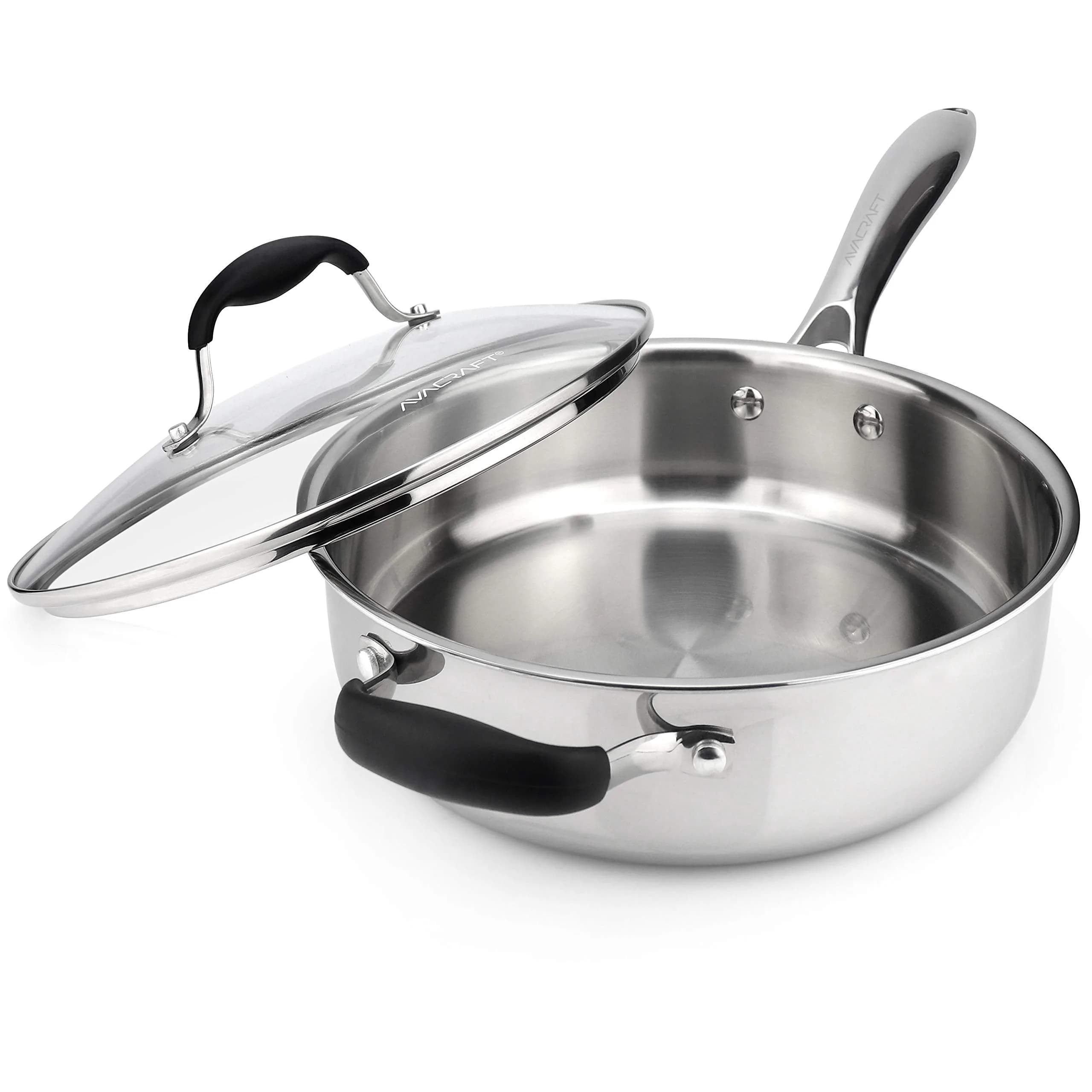 AVACRAFT 3.5 Quart Tri-Ply Stainless Steel Sauté Pan with Lid | Induction Compatible, Oven Safe, Dishwasher Safe — Stainless Steel