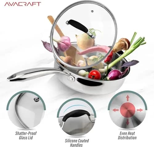 AVACRAFT 3.5 Quart Tri-Ply Stainless Steel Sauté Pan with Lid | Induction Compatible, Oven Safe, Dishwasher Safe thumbnail 5