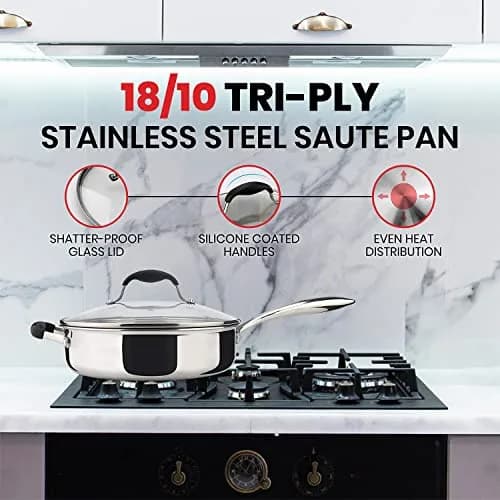 AVACRAFT 3.5 Quart Tri-Ply Stainless Steel Sauté Pan with Lid | Induction Compatible, Oven Safe, Dishwasher Safe thumbnail 8
