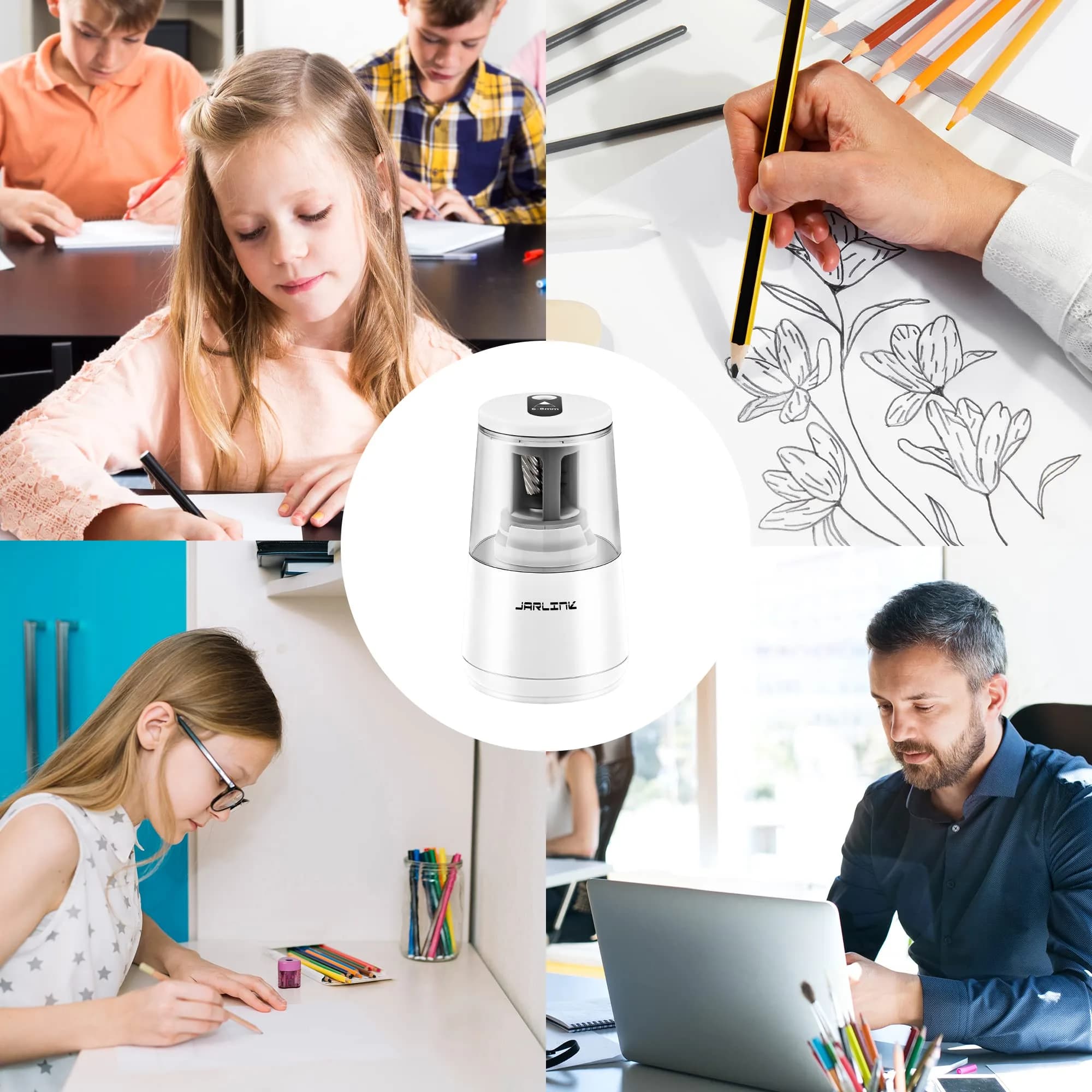 JARLINK Electric Pencil Sharpener Heavy Duty Helical Blade Auto Stop 16.2 cm (5.2" x 3.2" x 3.2") | Sharpens Pencils in 5-10 Seconds - view 8