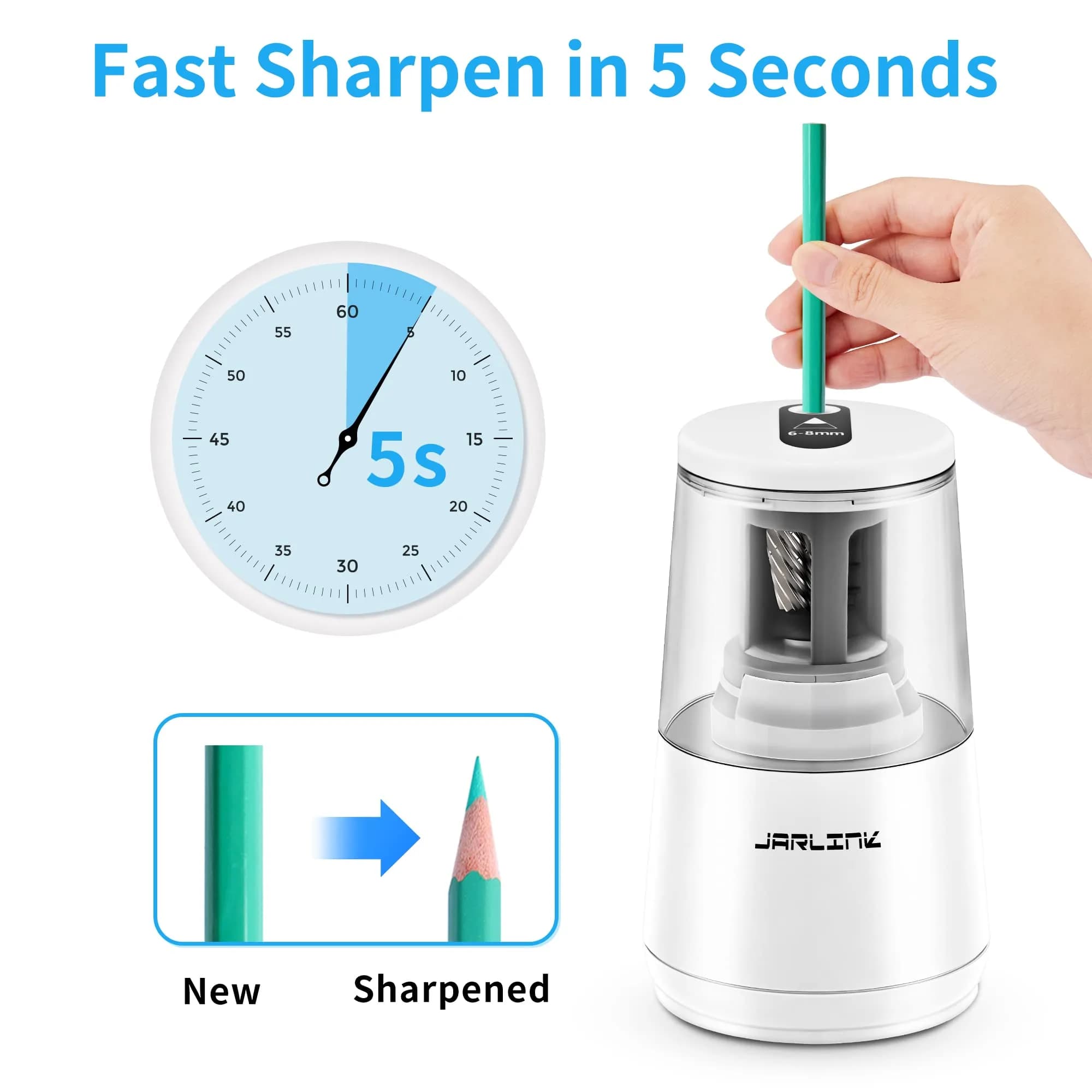 JARLINK Electric Pencil Sharpener Heavy Duty Helical Blade Auto Stop 16.2 cm (5.2" x 3.2" x 3.2") | Sharpens Pencils in 5-10 Seconds - view 2
