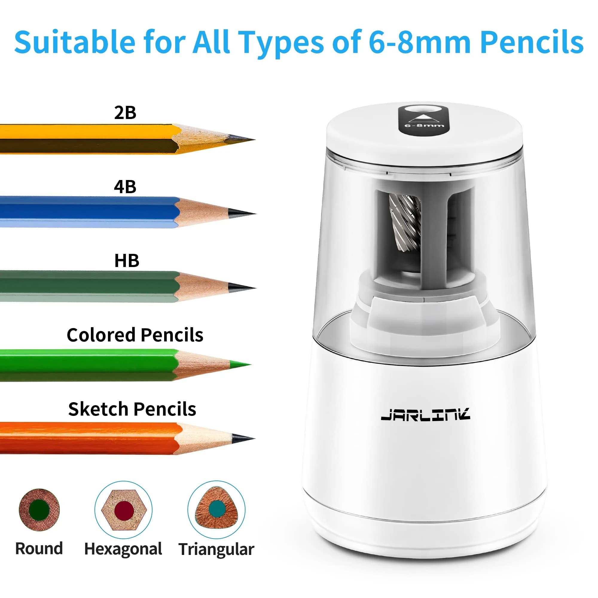 JARLINK Electric Pencil Sharpener Heavy Duty Helical Blade Auto Stop 16.2 cm (5.2" x 3.2" x 3.2") | Sharpens Pencils in 5-10 Seconds - view 4