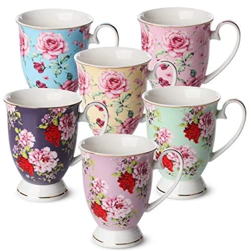 Brew To A Tea Coffee Mugs, 12 oz, Set of 6 | Floral Bone China Cups for Home & Kitchen thumbnail 1