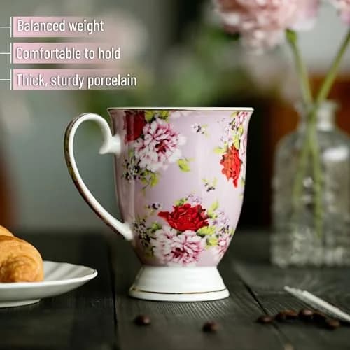 Brew To A Tea Coffee Mugs, 12 oz, Set of 6 | Floral Bone China Cups for Home & Kitchen thumbnail 5