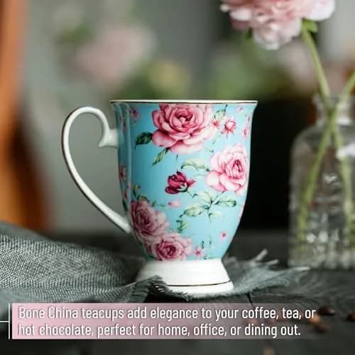 Brew To A Tea Coffee Mugs, 12 oz, Set of 6 | Floral Bone China Cups for Home & Kitchen thumbnail 6
