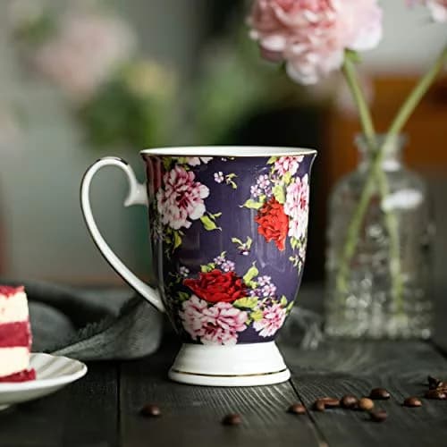Brew To A Tea Coffee Mugs, 12 oz, Set of 6 | Floral Bone China Cups for Home & Kitchen thumbnail 7
