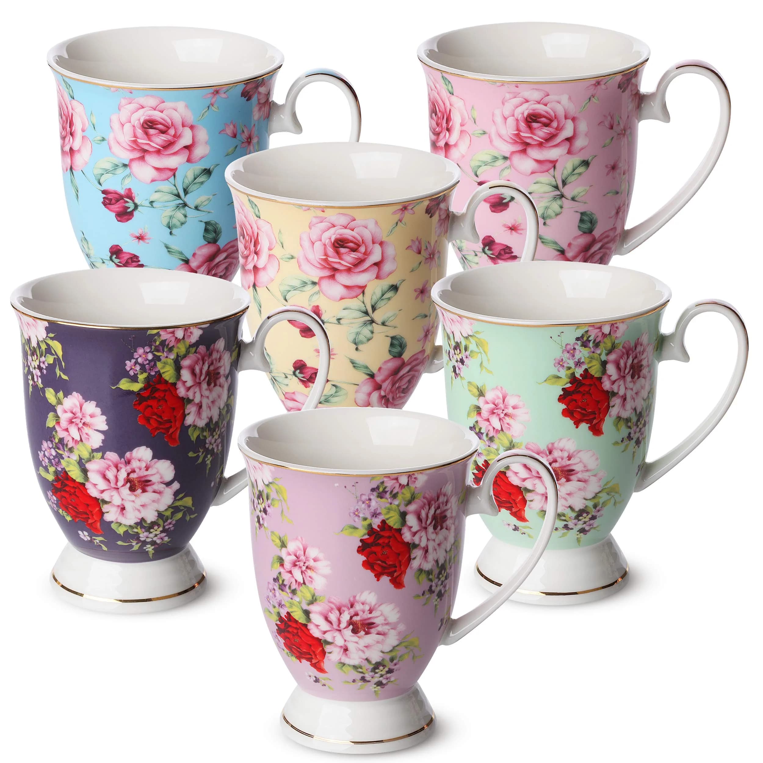 Brew To A Tea Coffee Mugs, 12 oz, Set of 6 | Floral Bone China Cups for Home & Kitchen — Multicolor