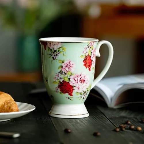 Brew To A Tea Coffee Mugs, 12 oz, Set of 6 | Floral Bone China Cups for Home & Kitchen thumbnail 8
