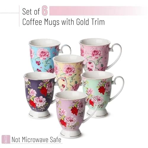 Brew To A Tea Coffee Mugs, 12 oz, Set of 6 | Floral Bone China Cups for Home & Kitchen thumbnail 2