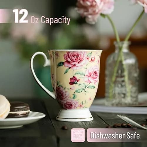 Brew To A Tea Coffee Mugs, 12 oz, Set of 6 | Floral Bone China Cups for Home & Kitchen thumbnail 3
