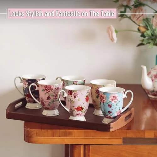 Brew To A Tea Coffee Mugs, 12 oz, Set of 6 | Floral Bone China Cups for Home & Kitchen thumbnail 4