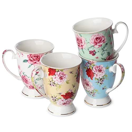 Brew To A Tea Floral Porcelain Bone China Coffee Mugs Set of 4, 12 oz | Assorted Colors with Gold Trim thumbnail 1