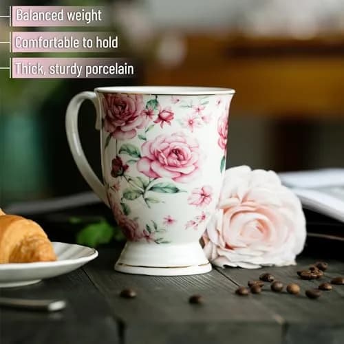 Brew To A Tea Floral Porcelain Bone China Coffee Mugs Set of 4, 12 oz | Assorted Colors with Gold Trim thumbnail 5