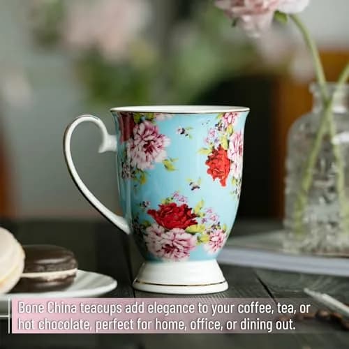 Brew To A Tea Floral Porcelain Bone China Coffee Mugs Set of 4, 12 oz | Assorted Colors with Gold Trim thumbnail 6