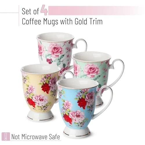 Brew To A Tea Floral Porcelain Bone China Coffee Mugs Set of 4, 12 oz | Assorted Colors with Gold Trim thumbnail 2