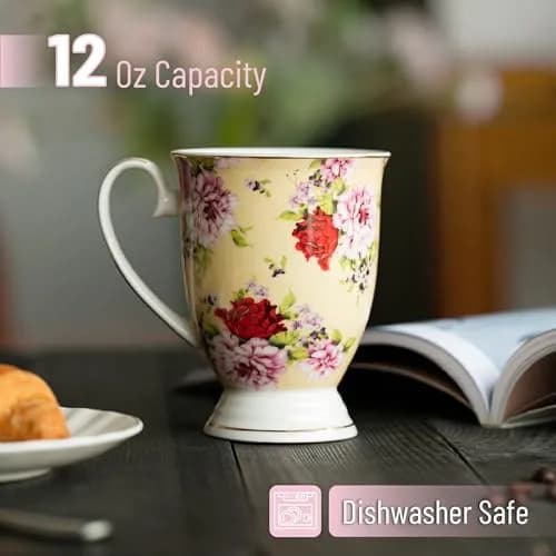 Brew To A Tea Floral Porcelain Bone China Coffee Mugs Set of 4, 12 oz | Assorted Colors with Gold Trim thumbnail 3
