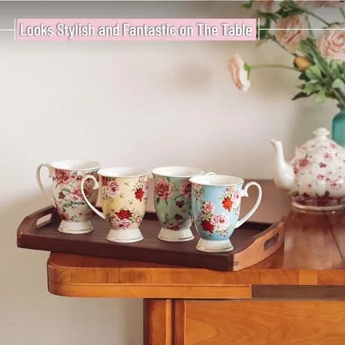 Brew To A Tea Floral Porcelain Bone China Coffee Mugs Set of 4, 12 oz | Assorted Colors with Gold Trim thumbnail 4