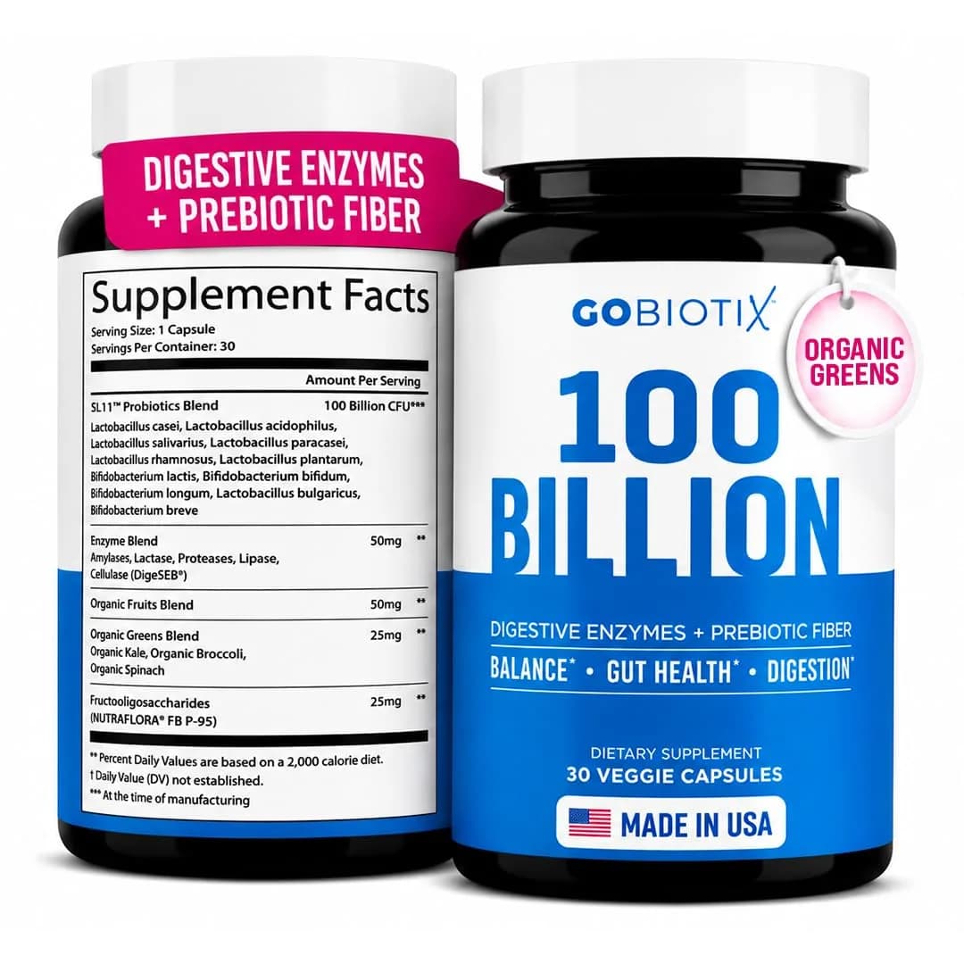 GOBIOTIX 100 Billion Digestive Enzymes Supplement - Probiotics & Prebiotics 30 Capsules | Vegan, Non GMO — Capsule