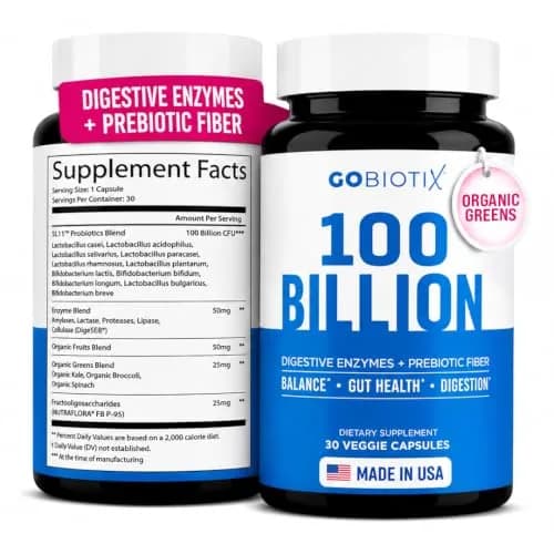 GOBIOTIX 100 Billion Digestive Enzymes Supplement - Probiotics & Prebiotics 30 Capsules | Vegan, Non GMO thumbnail 1