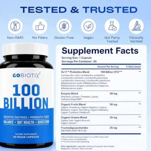 GOBIOTIX 100 Billion Digestive Enzymes Supplement - Probiotics & Prebiotics 30 Capsules | Vegan, Non GMO thumbnail 6