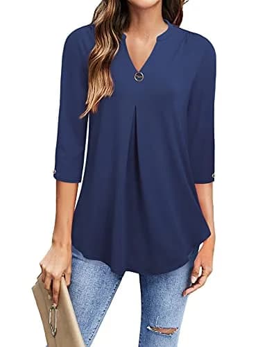 VALOLIA Tunic Top for Women Large Blue | Stylish Loose Fit 3/4 Sleeve V Neck Summer Office thumbnail 1