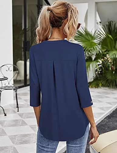 VALOLIA Tunic Top for Women Large Blue | Stylish Loose Fit 3/4 Sleeve V Neck Summer Office thumbnail 2