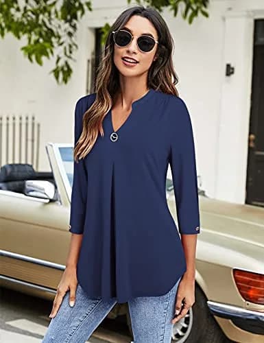 VALOLIA Tunic Top for Women Large Blue | Stylish Loose Fit 3/4 Sleeve V Neck Summer Office thumbnail 3