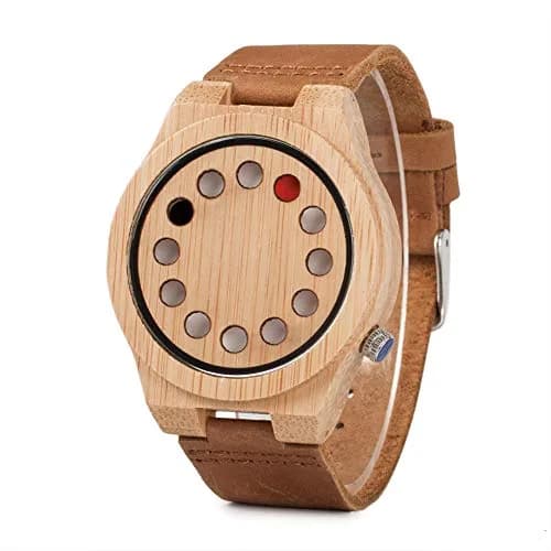 BOBO BIRD Men's Bamboo Wooden Watch with Black Cowhide Leather Strap 12 Holes Timer Design Sports Casual Watches (Brown Cat-Eye) thumbnail 1