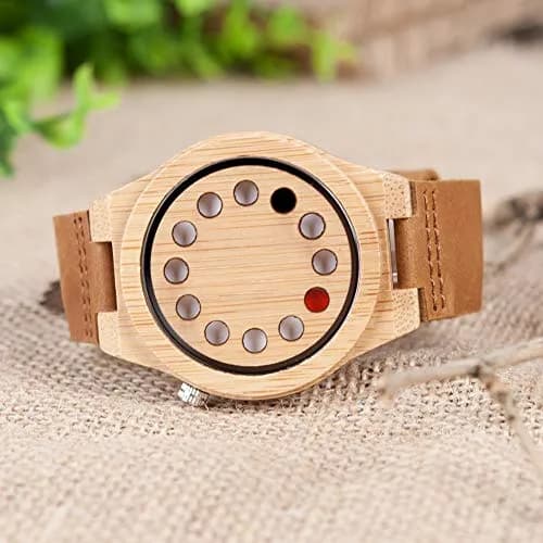 BOBO BIRD Men's Bamboo Wooden Watch with Black Cowhide Leather Strap 12 Holes Timer Design Sports Casual Watches (Brown Cat-Eye) thumbnail 5