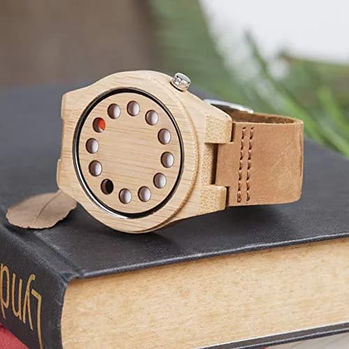 BOBO BIRD Men's Bamboo Wooden Watch with Black Cowhide Leather Strap 12 Holes Timer Design Sports Casual Watches (Brown Cat-Eye) thumbnail 6