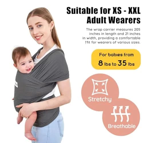 ACRABROS Baby Wrap Carrier, Hands-Free Sling for Newborns to Toddlers (8-35 lbs) | Breathable Heather Grey thumbnail 2