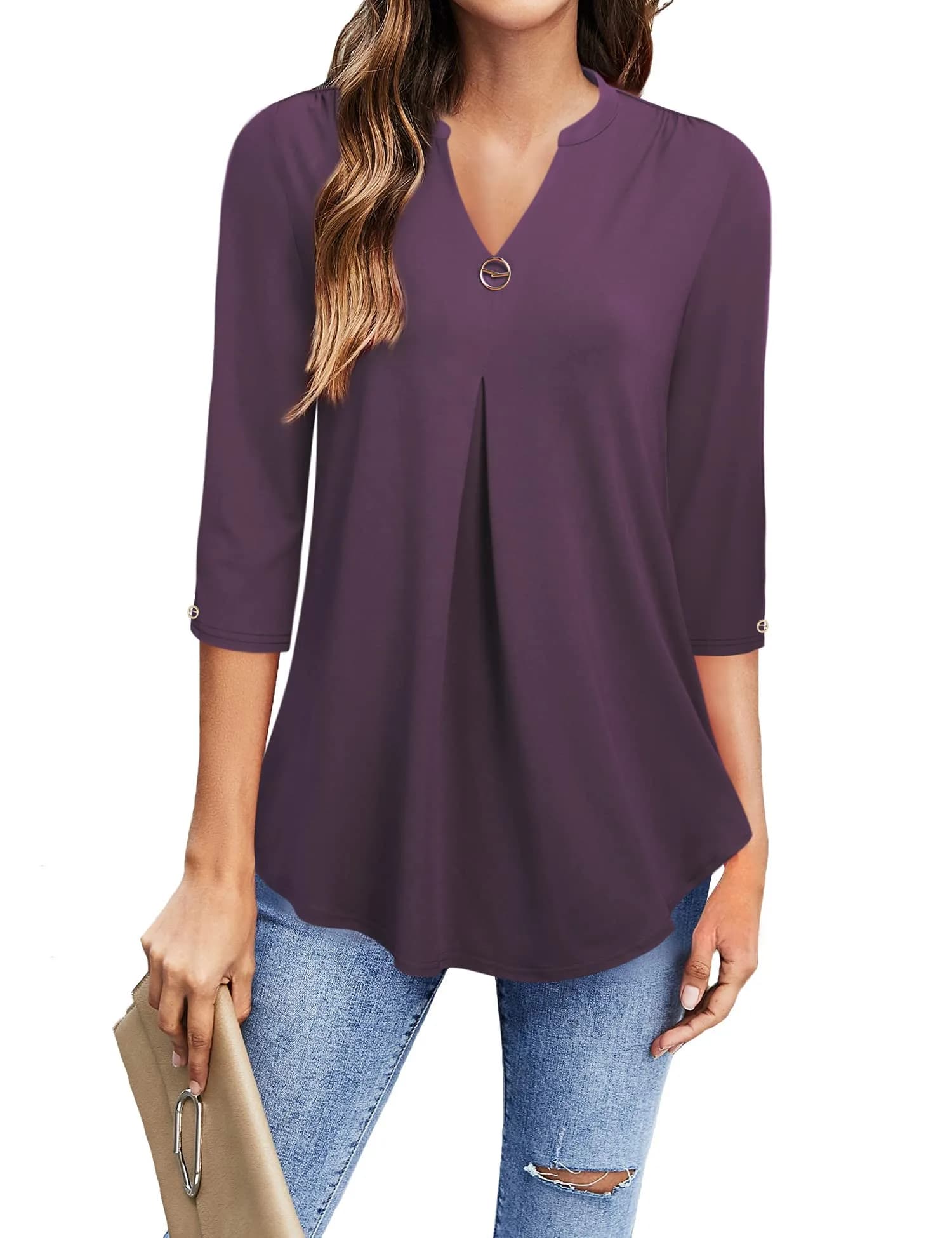 VALOLIA Women's V Neck 3/4 Sleeve Blouse XX-Large Dark Purple | Stylish & Casual Tunic