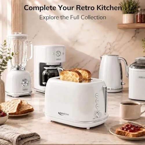 Keenstone 2 Slice Toaster | Retro Stainless Steel Kitchen Essential, White | Wide Slot, 6 Browning Levels thumbnail 8