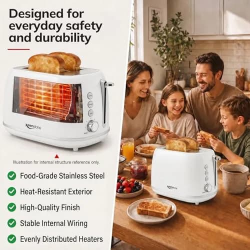 Keenstone 2 Slice Toaster | Retro Stainless Steel Kitchen Essential, White | Wide Slot, 6 Browning Levels thumbnail 3