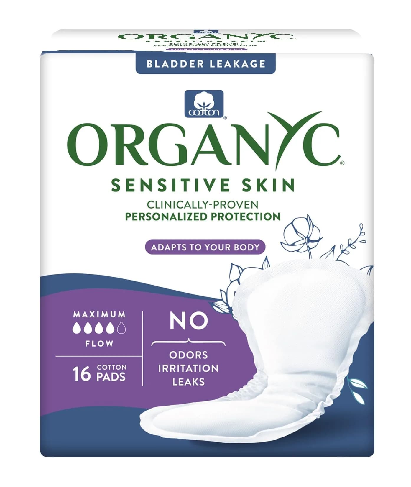 Organyc Organic Cotton Incontinence Pads Maximum Absorbency, 16 Count (1 Pack) | Hypoallergenic & Fragrance-Free — Maximum