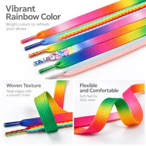 Booyckiy Colorful Shoe Laces Rainbow 47in | Premium Flat Shoelaces for Sneakers & Shoes thumbnail 3