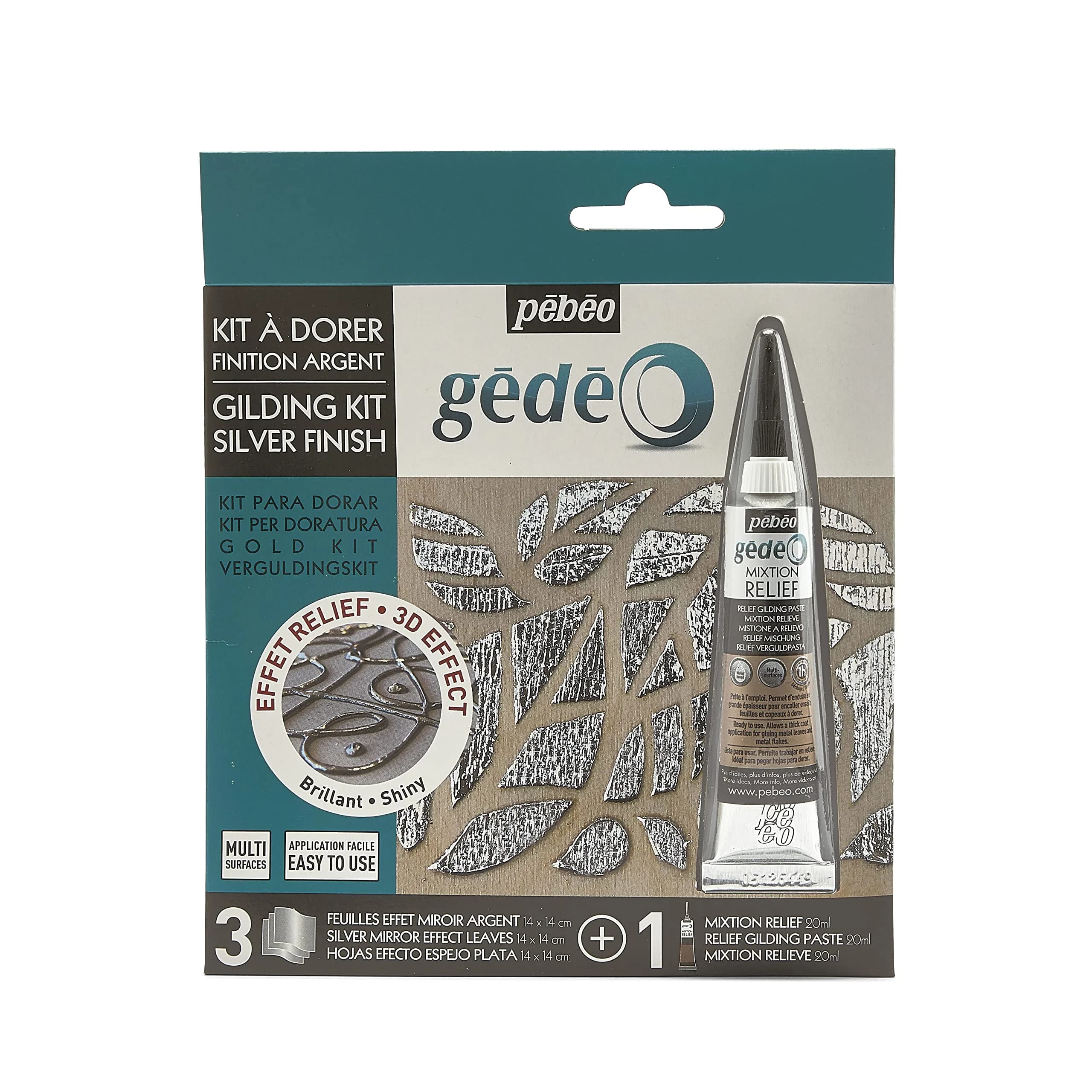 Pebeo GEDEO Mirror Effect Leaf Gilding Kit with Silver Foil & Relief Paste | 3 Foils (14x14cm) & 20ml Paste — Silver