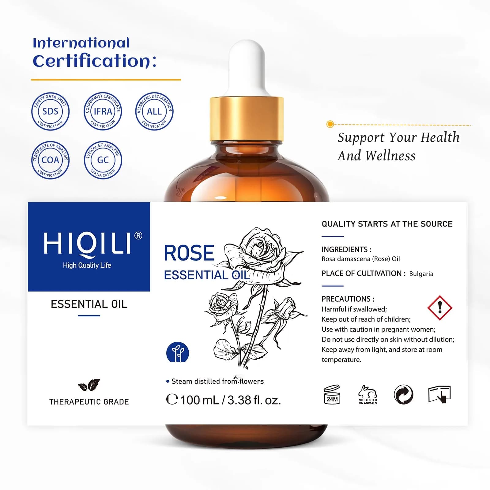 HIQILI Rose Essential Oil 100ml (3.38 Fl Oz) | Pure Bulgarian Rosa Damascena for Skin & Aromatherapy - view 7