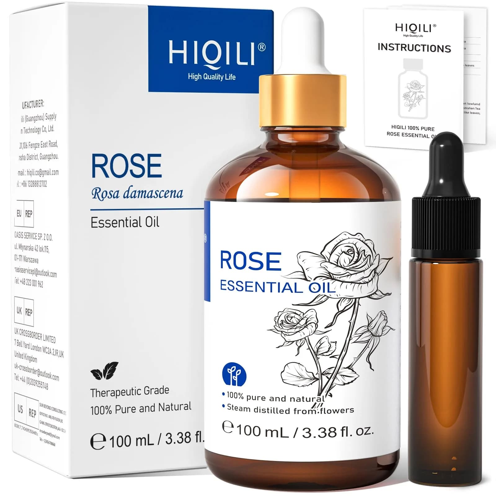 HIQILI Sandalwood Essential Oil, 3.38 Fl Oz (100ml) | Authentic USA Import for Perfume & Diffuser — Rose / 3.38 Fl Oz